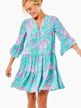 Lilly Pulitzer Gabriel Best Fishes Turquoise Pink Floral Tiered Tunic Dress